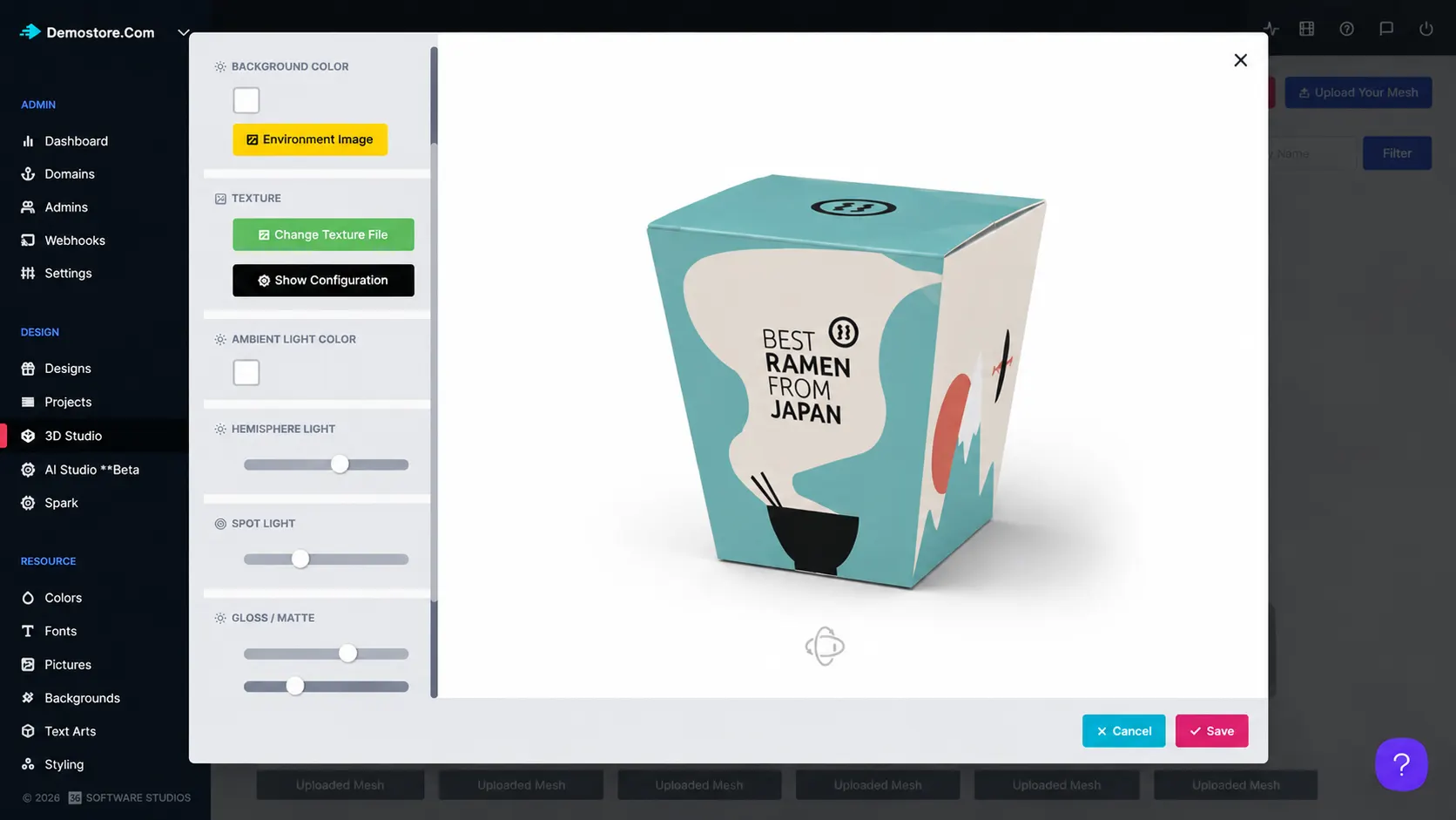 3D Studio configuring lighting, textures, and models for a product