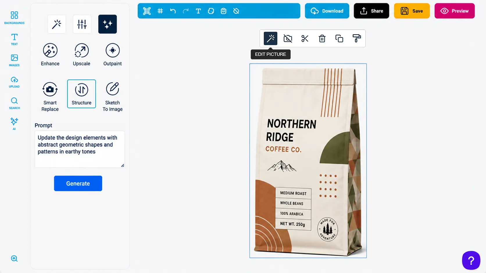 PitchPrint editor with the AI Structure tool selected, regenerating a product design while keeping its layout intact