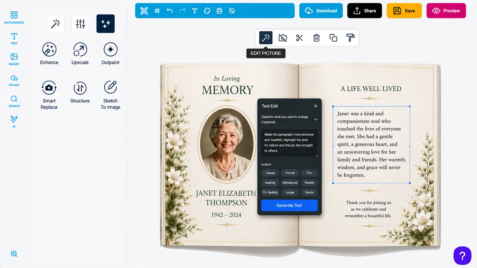PitchPrint editor with the AI Text Edit tool open, rewriting a memorial book's text in a more personal tone