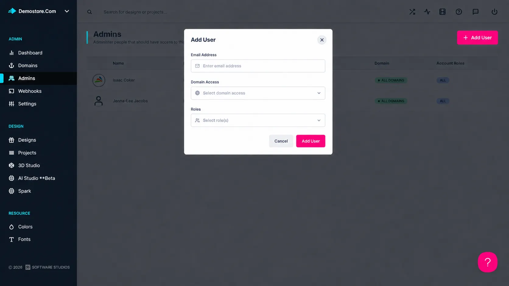 Manage Admins screen for creating accounts and assigning roles