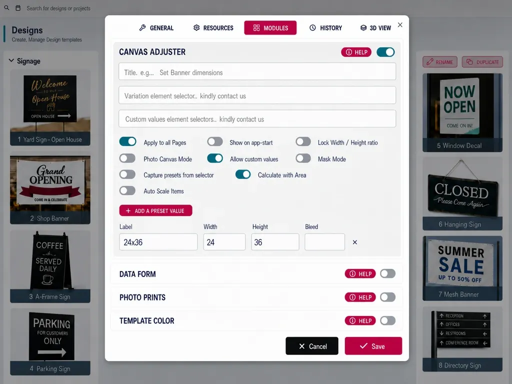 PitchPrint Canvas Adjuster Module interface