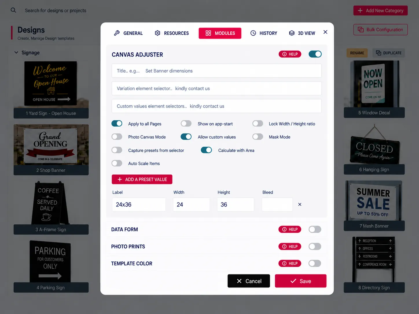 PitchPrint Canvas Adjuster Module interface