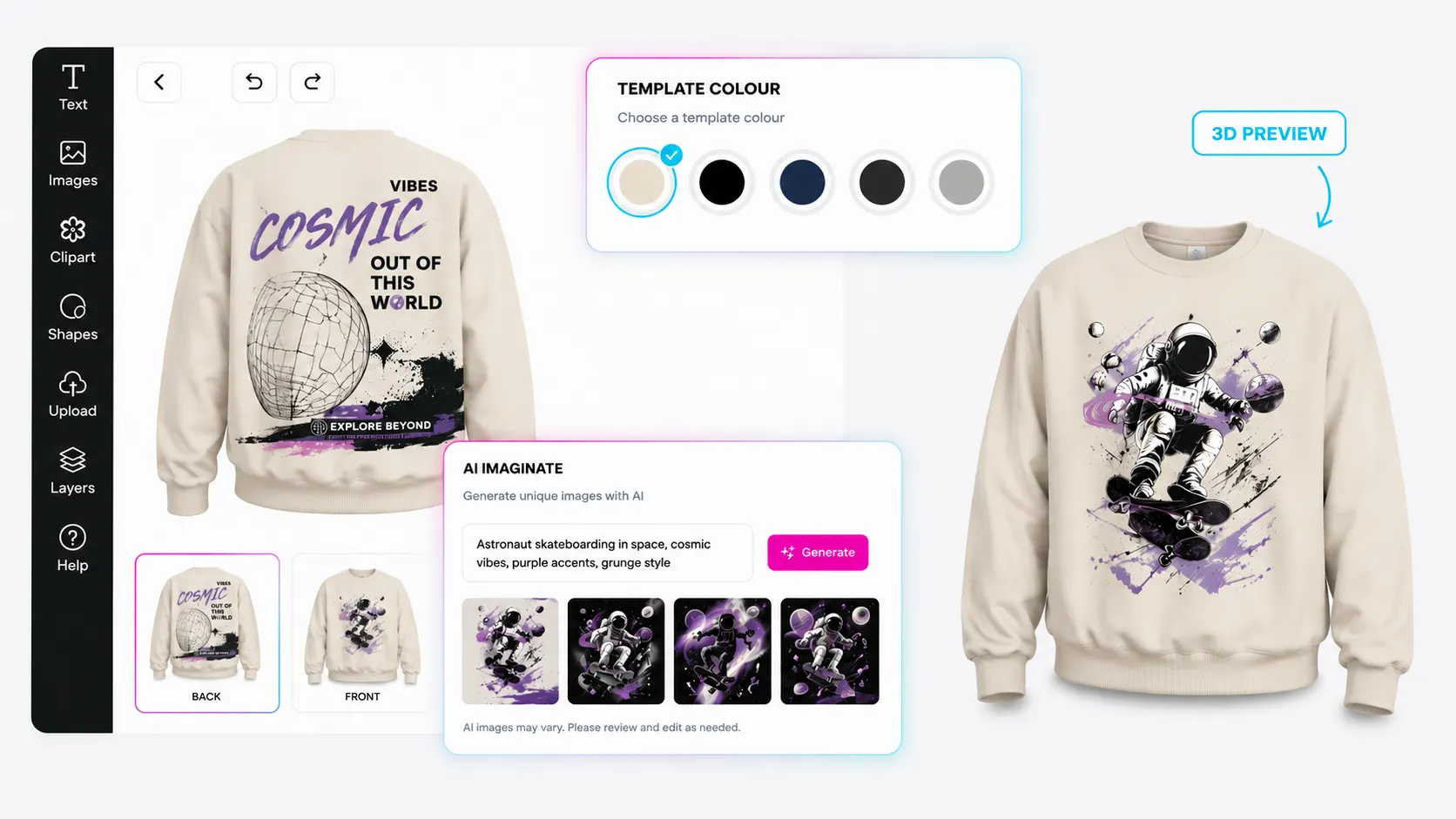 PitchPrint web-to-print editor customizing an apparel design with AI-generated artwork and 3D preview