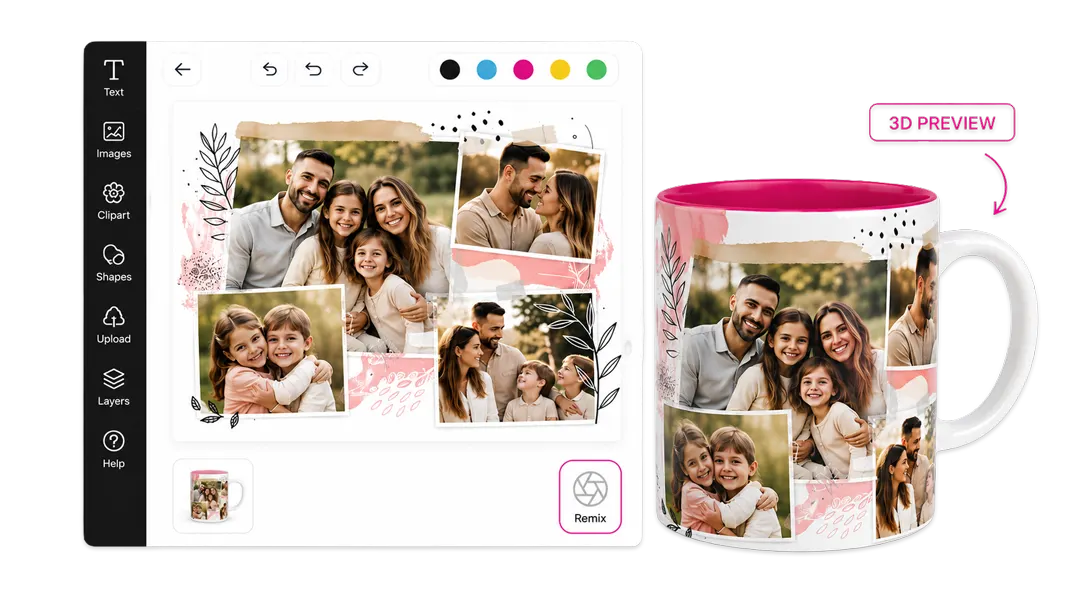 PitchPrint web-to-print editor customizing a promotional photo mug with 3D preview