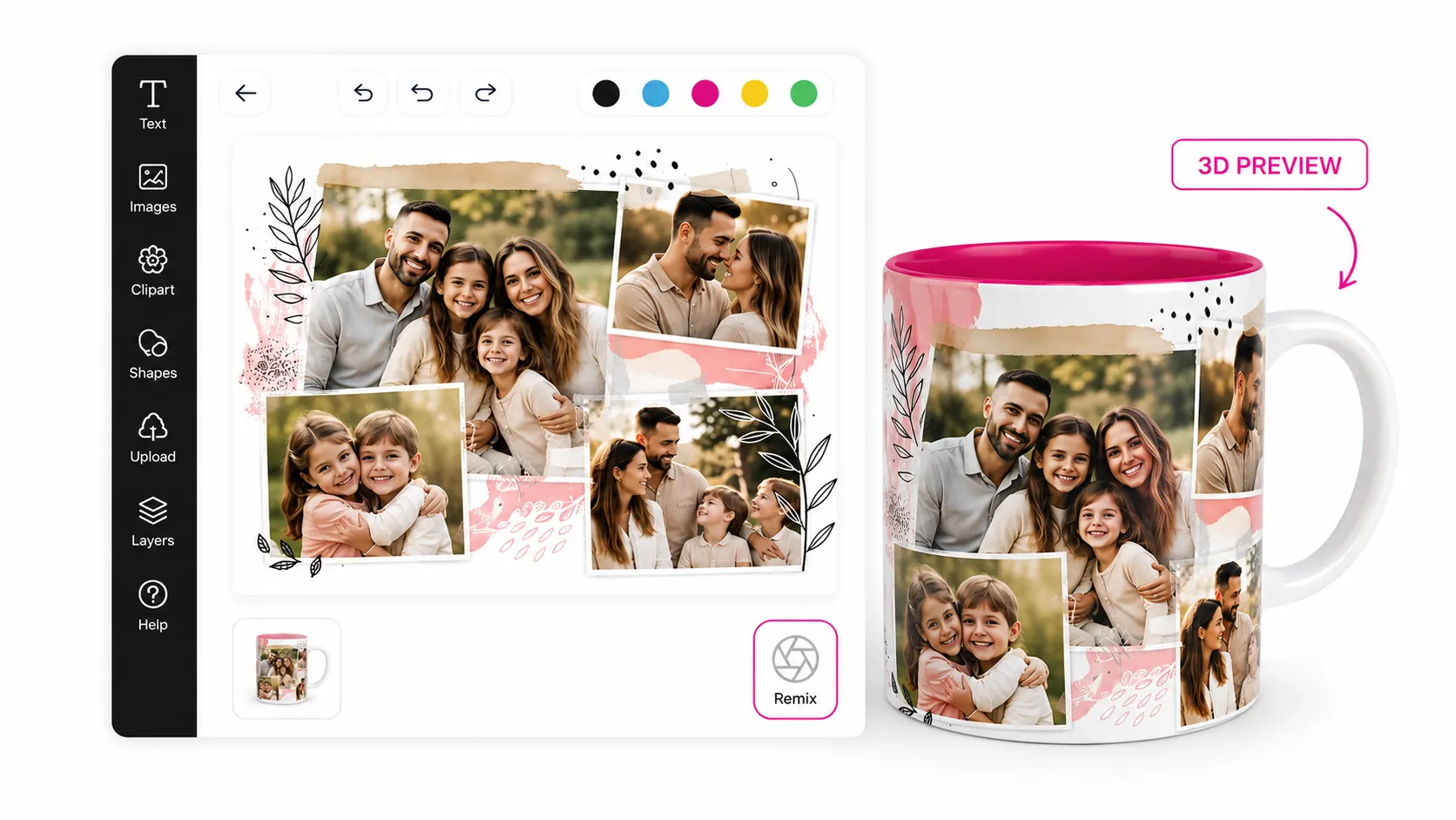 PitchPrint web-to-print editor customizing a promotional photo mug with 3D preview