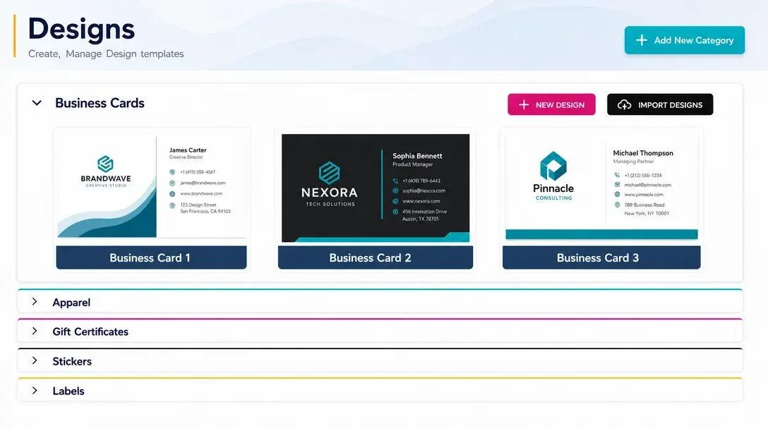 Design template management screen in the PitchPrint admin dashboard
