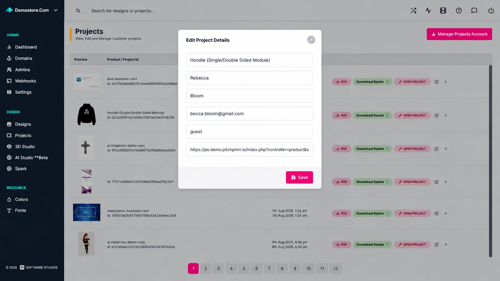 Projects dashboard used for order support, production handoff, and internal work