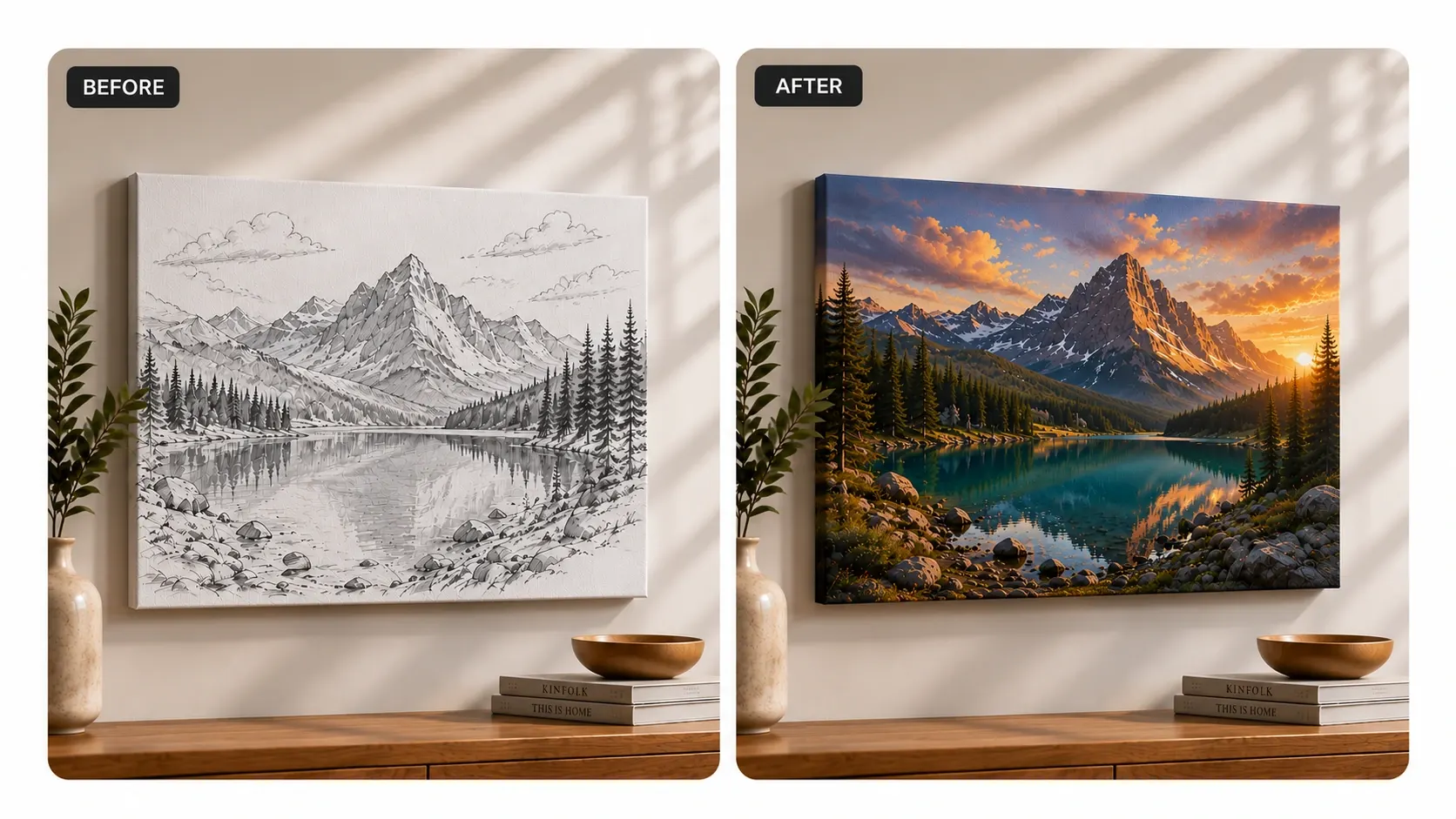 Before and after of a rough sketch converted into refined artwork