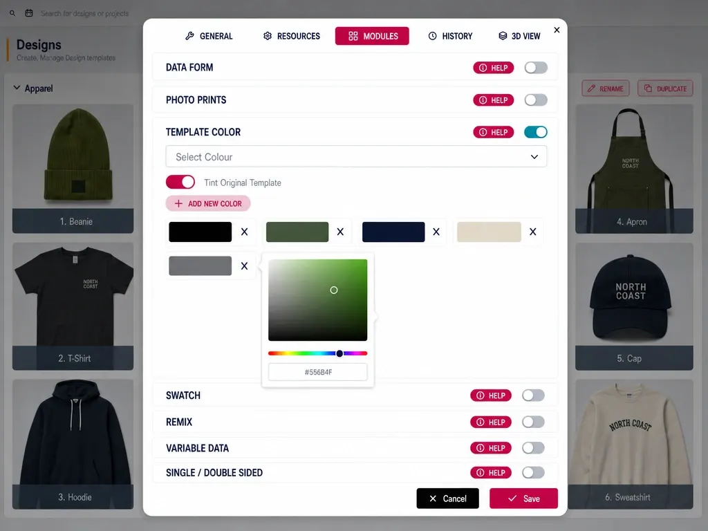 PitchPrint Template Color Module interface