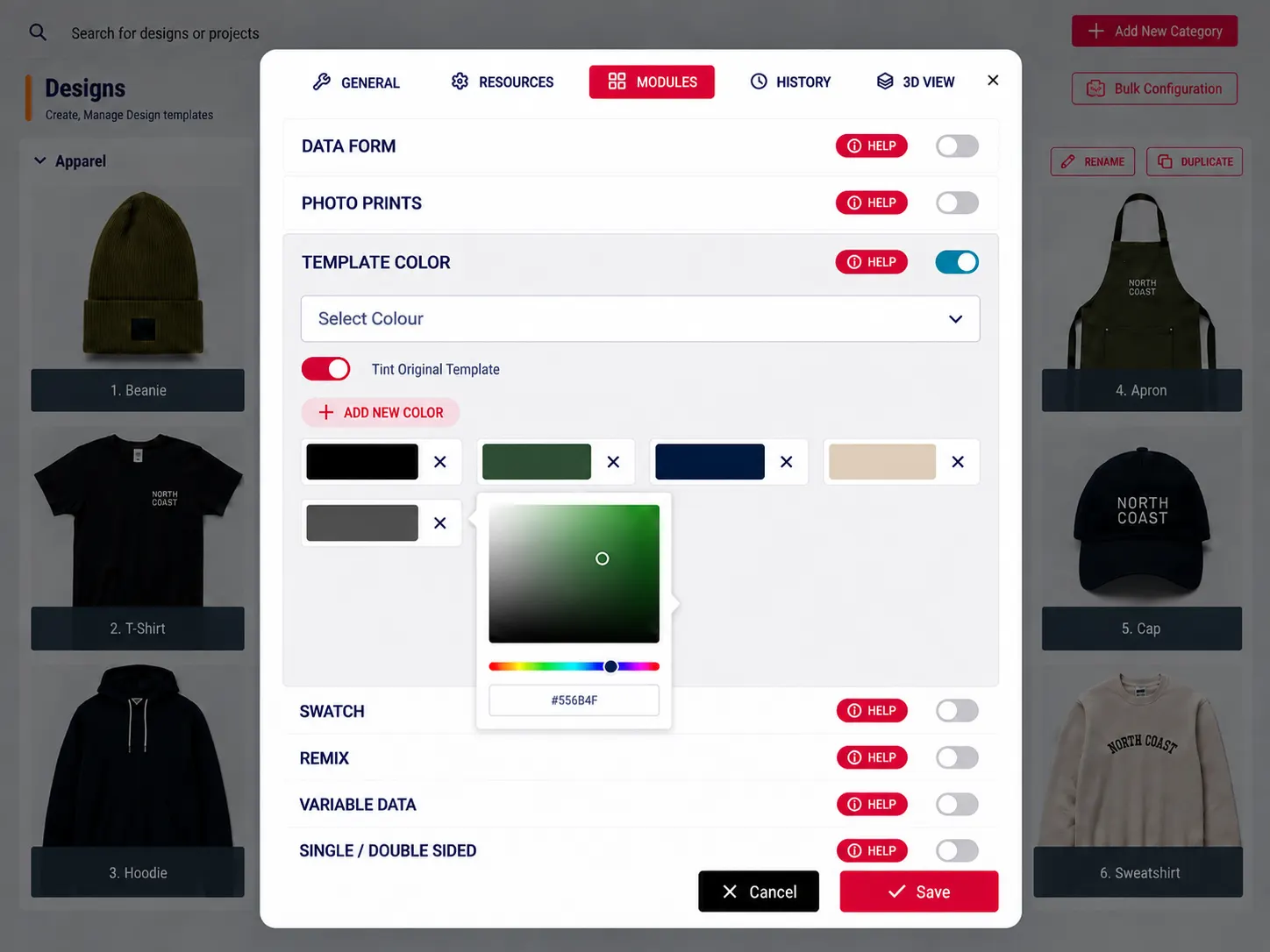 PitchPrint Template Color Module interface