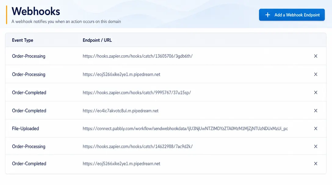 Webhook configuration screen in the PitchPrint admin dashboard