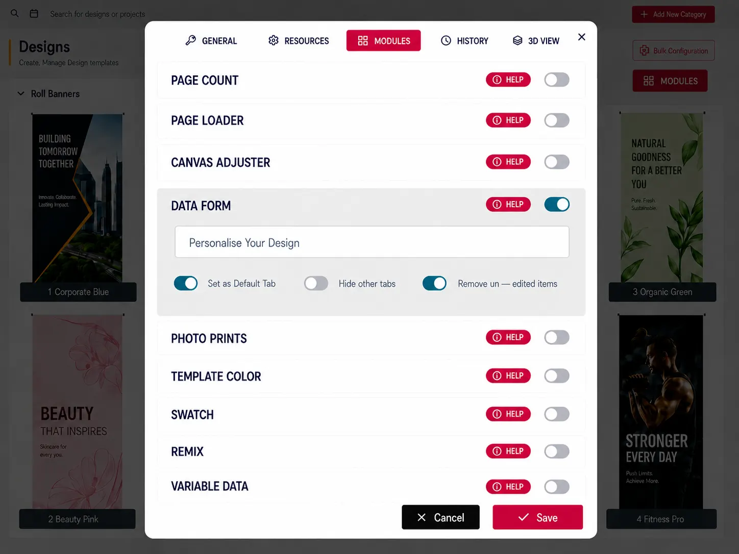 PitchPrint Data Form module interface